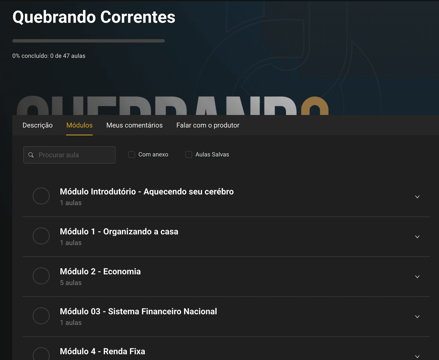 Visão geral dos módulos do curso na área de membros